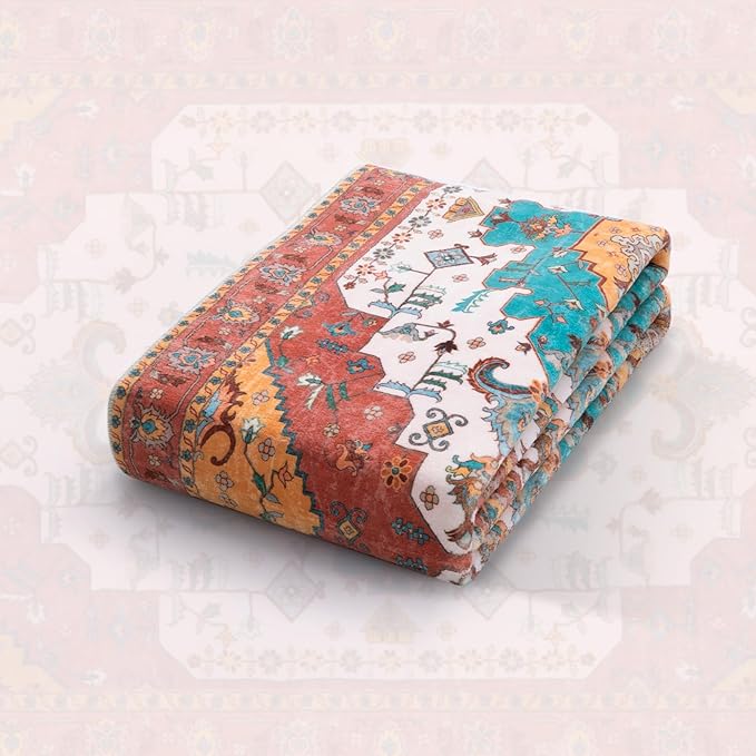 SERISSA Area Rug 4x6 Boho Rugs for Bedroom, Vintage Orange Washable Non Slip Rug, Ultra Soft Print Distressed Low-Pile Throw Rug Carpet for Nursery Dorm Kitchen Living Room Decor