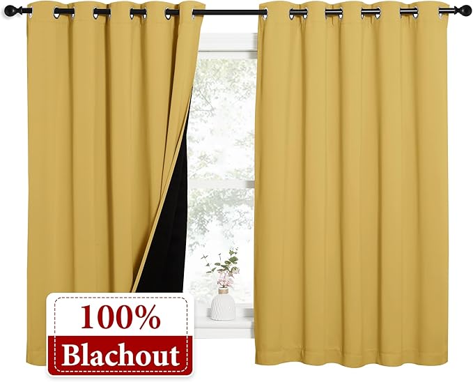 NICETOWN 100% Blackout Curtains with Black Liners, Thermal Insulated Full Blackout 2-Layer Lined Drapes, Energy Efficiency Window Drapes for Bedroom (Bright Yellow, 2 Panels, 62-inch W by 63-inch L)