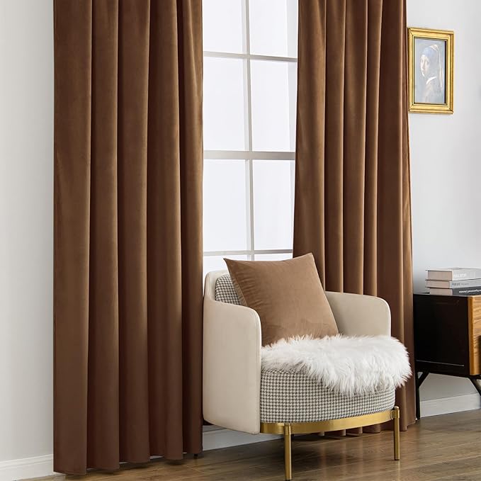 MIULEE Velvet Curtains 96 inches - Luxury Curtains for Bedroom Living Room Room Darkening Thermal Insulated Super Soft Window Drapes Rod Pocket & Back Tab, Brown, W52 x L96 inches, 2 Panels