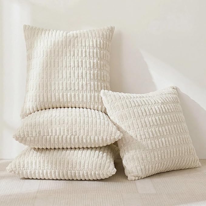 Fancy Homi 4 Packs Boho Cream Decorative Throw Pillow Covers 24x24 Inch for Living Room Couch Bed Sofa, Rustic Modern Farmhouse Home Decor, Soft Plush Corduroy Beige Cute Square Cushion Case 60x60 cm