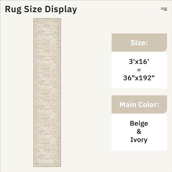 Hallway Runner Rug 3x16 - Vintage Non Slip Washable 16ft Kitchen Runner for Entrance Soft Long Carpet Runners for Living Room Bedroom Dining Room, Beige