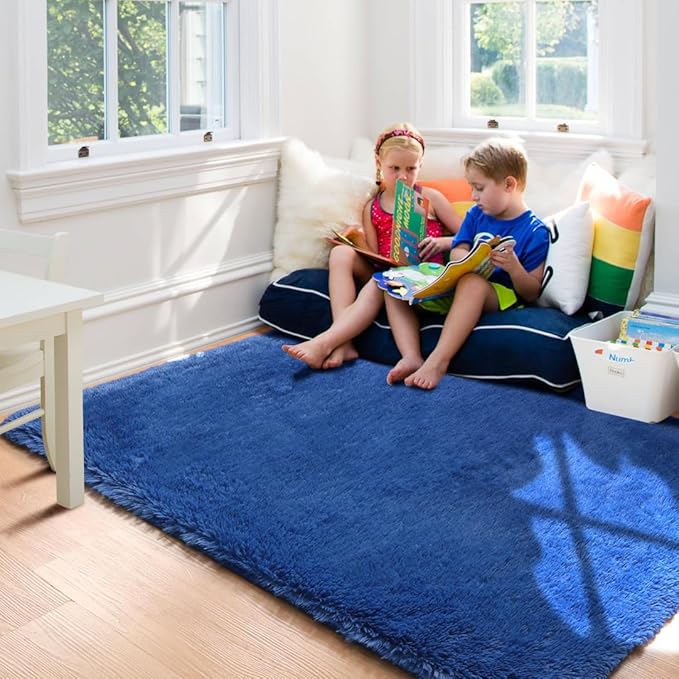 ONASAR Navy Area Rugs for Bedroom Living Room, 4x6 Blue Fluffy Indoor Bedside Floor Rug, Ultra Soft Plush Furry Fuzzy Shaggy Carpet for Nursery Kids Boys Teen Dorm Home Decor Aesthetic