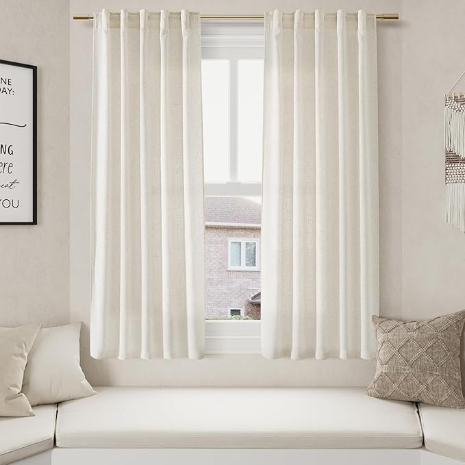 Nanspring Cream Linen Curtains 63 Inch for Bedroom Natural Semi Sheer Light Filtering Boho Curtains Back Tab and Rod Pocket Panels for Living Room 34 x 63 Inch, 2 Panels
