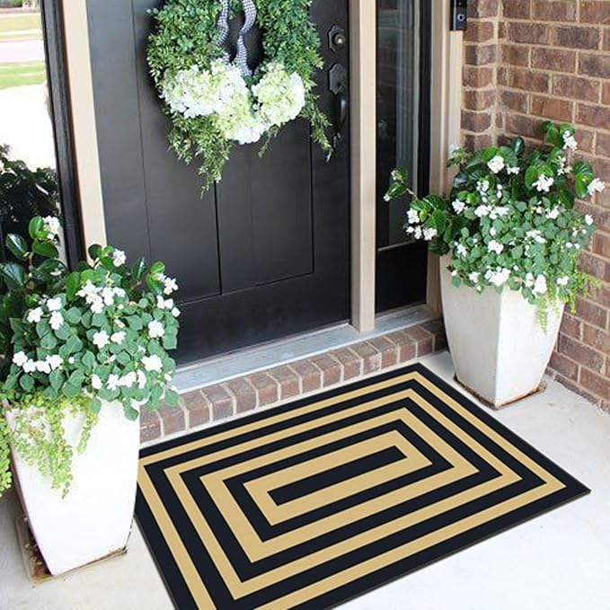 Front Door Mat Outside Entrance - 2x3 Modern Non-Slip Washable Doormat Indoor Outdoor Entrance Black Tan Geometric Bordered Rug Small Throw Rugs for Entryway Bedroom Kitchen Front Porch Decor