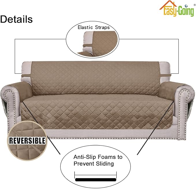 Easy-Going 4 Seater Sofa Slipcover Reversible Sofa Cover Water Resistant Couch Cover with Foam Sticks Elastic Straps Furniture Protector for Pets Children Dog Cat (XX-Large, Beige/Beige)