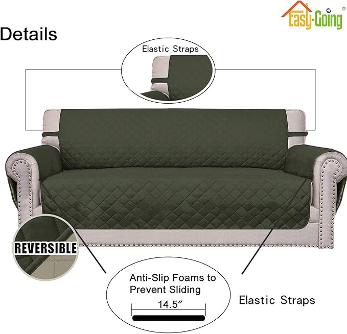Easy-Going Reversible Oversized Couch Cover for 3 Cushion Couch Sofa Cover for Dogs Water Resistant Furniture Protector Cover with Foam Sticks for Pet (Oversized Sofa, Army Green/Beige)