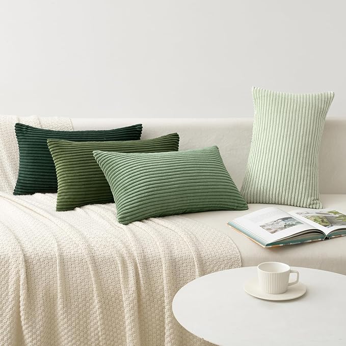 MIULEE Boho Farmhouse Sage Green Throw Pillow Covers 12x20 Inch Set of 4 Mordern Nordic Cushion Covers Soft Corduroy Spring Home Decor for Couch Bed Sofa Living Room Forest Green