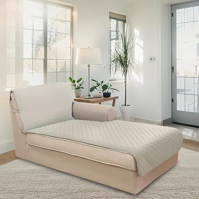 U-NICE HOME Sectional Couch Cover for Dogs Pets Chaise Lounge Reversible Sofa Cover Furniture Protector with Elastic Adjustable Strap, Beige