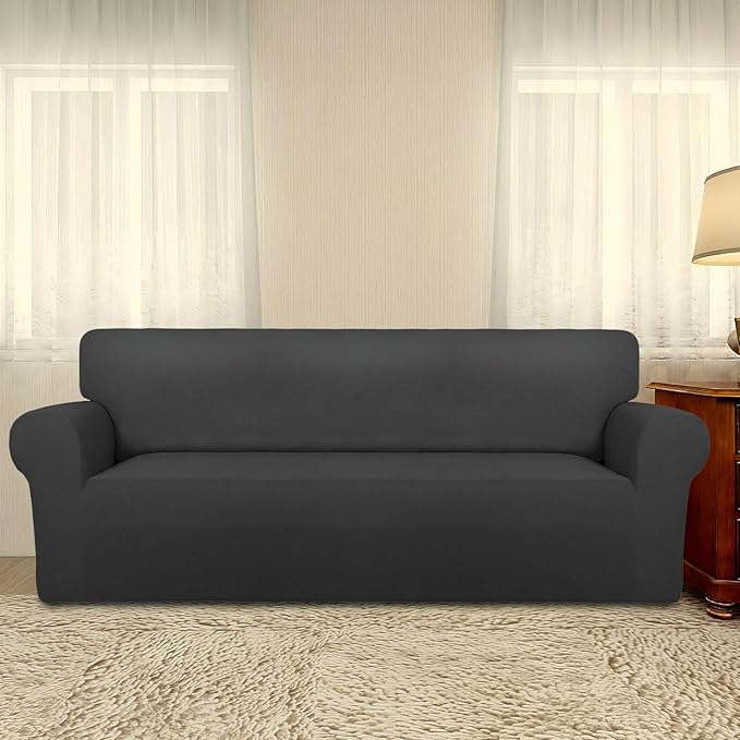 PureFit Super Stretch Sofa Slipcover – Spandex Non Slip Soft Couch Sofa Cover, Washable Furniture Protector with Non Skid Foam and Elastic Bottom for Kids, Pets （Oversized Sofa, Dark Gray）