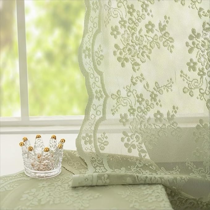 YJ YANJUN Vintage Lace Curtains -Cottage Flower Sage Green 132 inch Curtains for Living Room Bedroom, Extra Long Light Filtering Boho Drapes for Villa Patio Sliding Door 11 FT W52 x L132 2 Panels