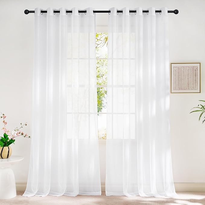 NICETOWN Sheer White Sliding Door Curtains for Bedroom, Grommet Elegant Soft Voile Sheer Textured Airy & Breathable Window Treatments for Patio Door/French Door, W66 x L96, 2 Panels