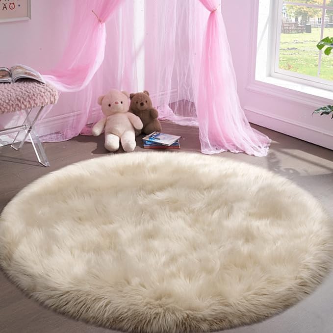 Fluffy Round Rug for Kids Room Beige Circle Faux Fur Area Rug for Bedroom, 4x4 Fuzzy Shag Rugs Furry Nursery Rug Teepee Mat, Circular Plush Floor Carpet