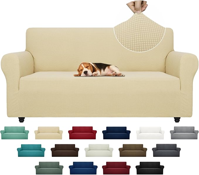 ZNSAYOTX Super Stretch Couch Cover (72"-92") Universal Sofa Covers with Elastic Bottom, Dog Cat Pets Friendly Washable Furniture Protector Fitted Sofa Slipcovers Stay in Place (Beige, Sofa)