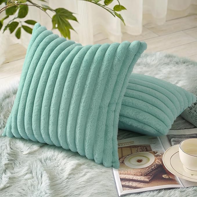 decorUhome Summer Cozy Faux Fur Throw Pillow Covers 18x18 Set of 2 Decorative Soft Plush Striped Modern Farmhouse Boho Couch Pillow Cases with Velvet Back for Sofa Bed Living Room, Aqua