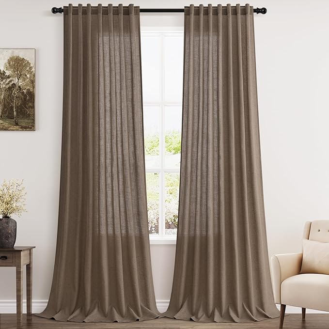 Light Brown Linen Curtains 90 Inch Length 2 Panels Set for Living Room Rod Pocket Back Tab Window Drapes Light Filtering Modern Farmhouse Curtain 90 Inches Long for Dining Room Bedroom 52x90