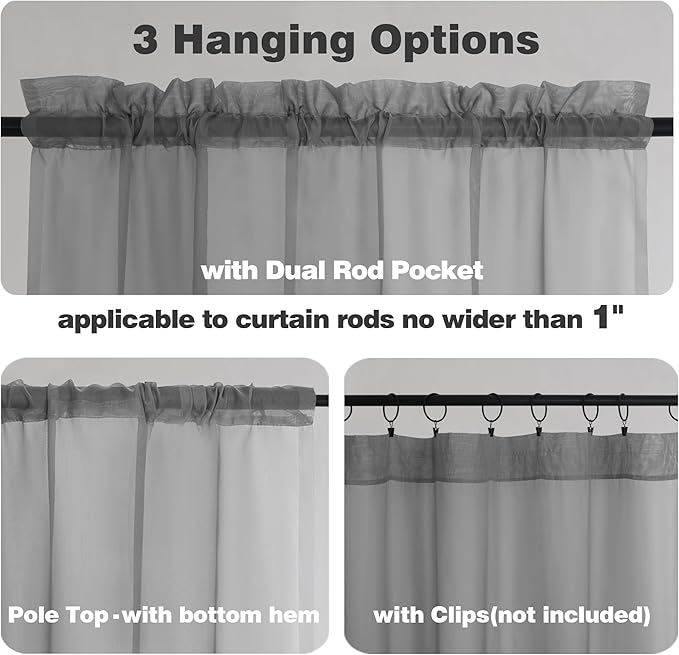 Chyhomenyc Charcoal Grey Sheer Valances for Windows - Light Filtering Small Kitchen Curtains, Rod Pocket Short Top Window Treatment Decor for Living Room Bathroom Basement, 42Wx16L inches, 2 Panels