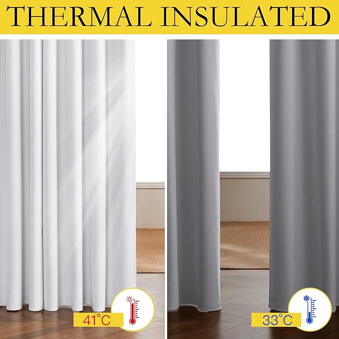 NICETOWN 100% Absolutely Blackout Linen Curtains with Thermal Insulated White Liner, White, 52 inches Wide, 90 inches Length Energy Saving Curtains for Living Room 2 Panels Set, Vertical Blinds