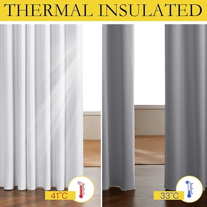 NICETOWN 100% Absolutely Blackout Linen Curtains with Thermal Insulated White Liner, White, W62, 2 Pieces, Noise Reducing Textured Linen Look Curtains for Windows 95 inch Length for Classroom