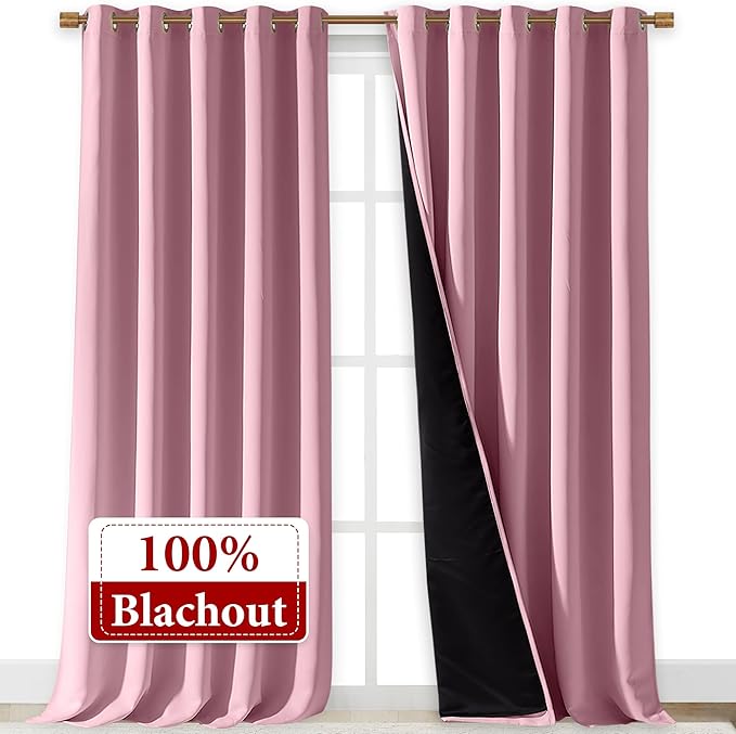 NICETOWN 100% Blackout Blinds, Laundry Room Decor Window Treatment Curtains for Large Patio Sliding Door, Thermal Insulated Crystal Pink Curtains for Bedroom, Set of 2, 70 inches x 108 inches