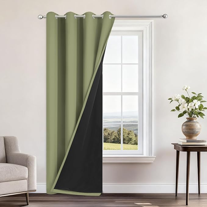 Yakamok 100% Blackout Curtains 84 Inches Long, 2 Thick Layers Heat and Full Light Blocking Soft Thermal Insulated Drapes for Bedroom(52" Wide Each Panel, Sage, 1 Panel)