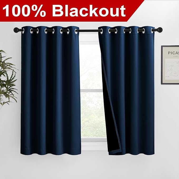NICETOWN 100% Blackout Blinds, Set of 2, 46 inches x 45 inches, Laundry Room Decor Window Treatment Curtains for Large Patio Sliding Door, Thermal Insulated Moroccan Blue Curtains for Bedroom