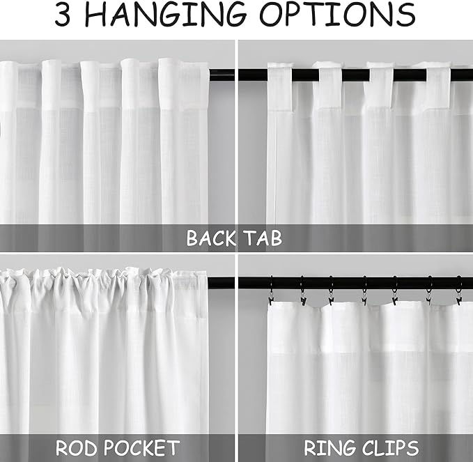 Nanspring White Linen Curtains 67 Inch Length for Living Room Semi Sheer Light Filtering Privacy Back Tab Rod Pocket Drapes 2 Panels Set Neutral Modern Farmhouse Window Curtain for Bedroom 52x67