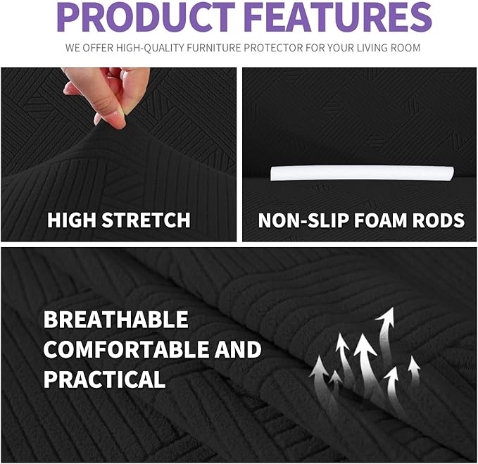 ZNSAYOTX Chair Cover with Arms (30"-47"), New Striped Sofa Chair Covers for Living Room, Dogs Pet Friendly Anti-Slip Chair Protector Spandex Armchair Slipcovers (Black, Chair)