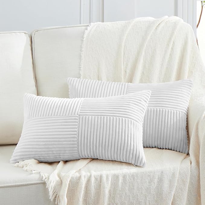 Fancy Homi 2 Packs White Lumbar Decorative Throw Pillow Covers 16x32 Inch for Living Room Couch Bed Sofa, Rustic Farmhouse Boho Home Decor, Soft Striped Corduroy Rectangle Accent Cushion Case 40x80 cm