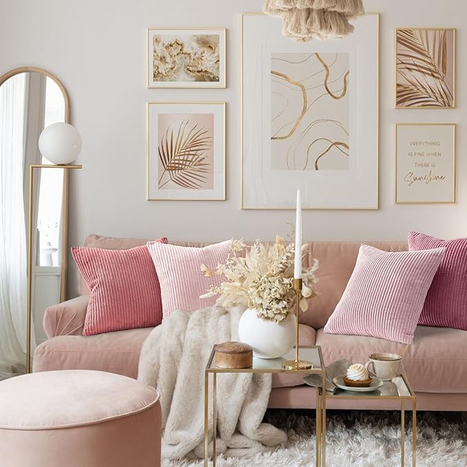Topfinel Pink Throw Pillow Covers 16x16 Inch Set of 4,Soft Farmhouse Corduroy Decorative Cushion Cover,Square Cute Pillow Case for Gril's Bedroom Couch Sofa Living Room,Spring Series Home Decor