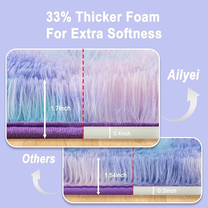 Soft Runner Rugs for Bedroom Hallways, 2x6 Purple Rainbow Fluffy Shag Throw Area Rug Non Slip for Bedside Dorm, Long Shaggy Furry Carpet for Nursery Living Room
