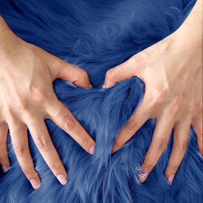 Ciicool Ultra Soft Faux Sheepskin Fur Rug Fluffy Rug for Bedroom Fuzzy Carpet for Living Room Kid's Room Nursery Decor, Dark Blue 2 x 6 Feet