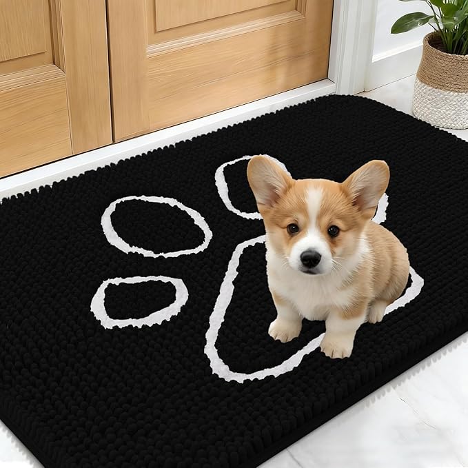 OLANLY Dog Door Mat for Muddy Paws 24x16, Paw Print Design, Absorbs Moisture and Dirt, Absorbent Non-Slip Washable Doormat, Quick Dry Chenille Mud Mat for Dogs, Entry Indoor Entryway Carpet, Black
