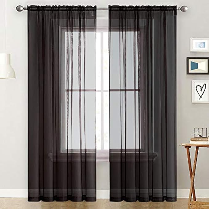 SpaceDresser Basic Rod Pocket Sheer Voile Window Curtain Panels White 1 Pair 2 Panels 70 Width 108 Inch Long for Kitchen Bedroom Children Living Room Yard(Black,70 W x 108 L)