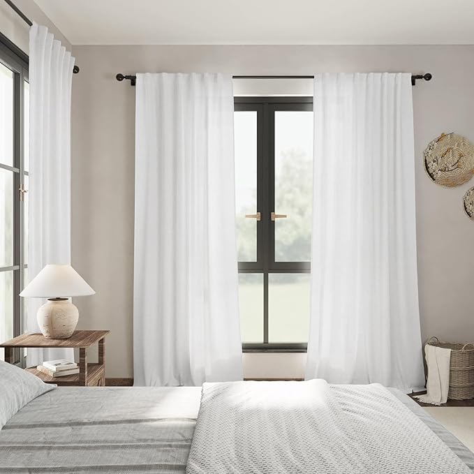 Nanspring White Linen Curtains 98 Inches Long 2 Panels Set Back Tab Rod Pocket Semi Sheer Light Filtering Long Curtains Faux Linen Textured Elegant Draps for Living Room Bedroom Dining Room 52x98