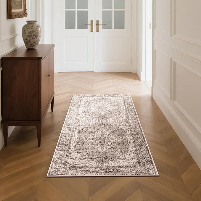 Lofus 2x5 Runner Rug for Hallways, Washable Kitchen Rugs, Non-Slip Rugs for Entryway and Bedroom, Vintage Boho Carpet, Soft Low Pile Long Runner Area Rug, Vintage Beige Brown