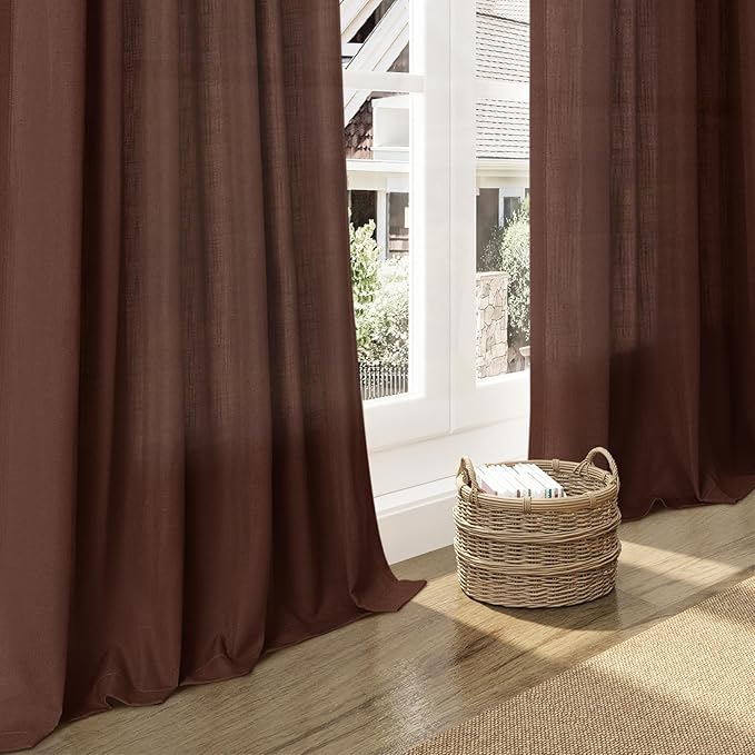 Nanspring Rustic Brown Linen Curtains Semi Sheer 96 Inches Long 2 Panels Set for Living Room Back Tab Rod Pocket Light Filtering Drape for Bedroom Modern Farmhouse Coastal Decor Protect Privacy 52x96