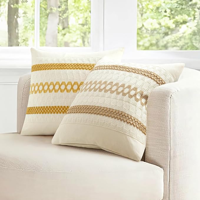 MIULEE Set of 2 Mustard Yellow Boho Decorative Pillow Covers 20x20 Inch Farmhouse Rustic Couch Throw Pillows Modern Spring Cotton Cushion Covers Retro Cute Macrame Woven Home Decor for Bed Sofa Chair
