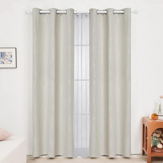Deconovo Beige Blackout Curtains, Room Darkening Curtain, Thermal Insulated Soundproof Drapes, Silver Wave Dots Print, 38 x 84 Inch, Machine Washable Window Panels for Living Room Bedroom, Set of 2