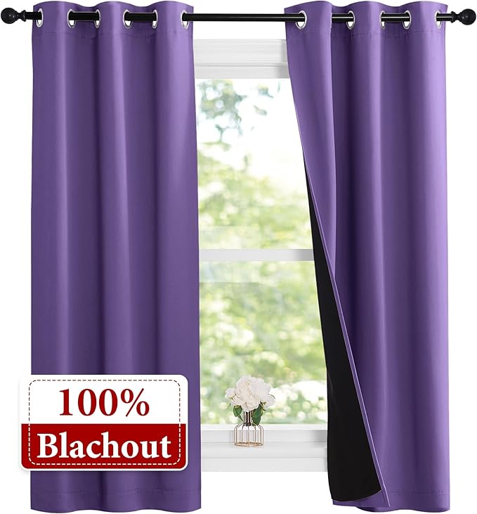 NICETOWN 100% Blackout Short Curtains with Black Liners, 2 Panels, 37" W by 50" L, Lilac Purple, Thermal Insulated Full Blackout 2-Layer Lined Drapes, Energy Efficiency Window Draperies for Bedroom
