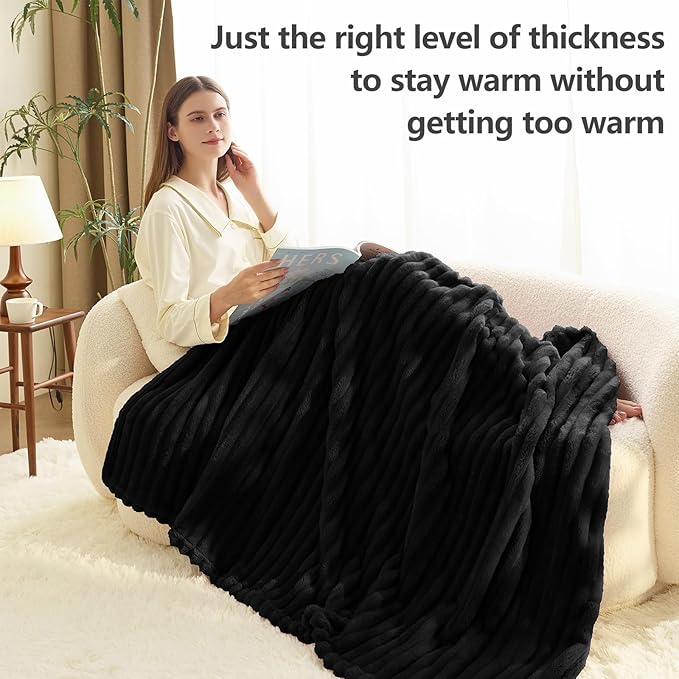 HIMEET Black Ribbed Twin Blanket for Bed - 300GSM Lightweight Soft Fleece Blanket for Men Women, Cozy Blankets Graduation Birthday Gifts, Striped Spring Home School Dorm Decor, Black, 60x80 Inches