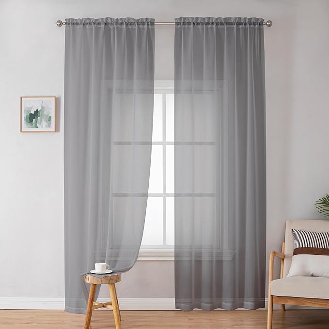 Simplebrand Grey Sheer Curtains 72 Inches Long 2 Panels for Living Room, Rod Pockets Airy Window Treatments Voile Sheer Curtain Panels Lightweight for Front Back Patio Glass Door, 42" Width