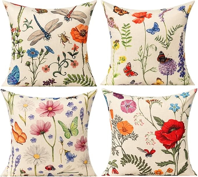 All Smiles Outdoor Patio Throw Pillow Covers 26x26 Set of 4 Summer Spring Garden Flowers Farmhouse Décor Outside Furniture Bench Chair Decorative Cushion Cases for Bed Couch Sofa