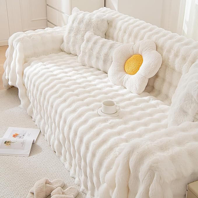 HANDONTIME White Sofa Covers Dog Couch Cover Rabbit Plush L Shaped Couch Covers Faux Fur Sofa Slipcovers for 3 Seat Cushion Couches Shaggy Couch Cover Blanket Washable Thick Soft, 71" X134"