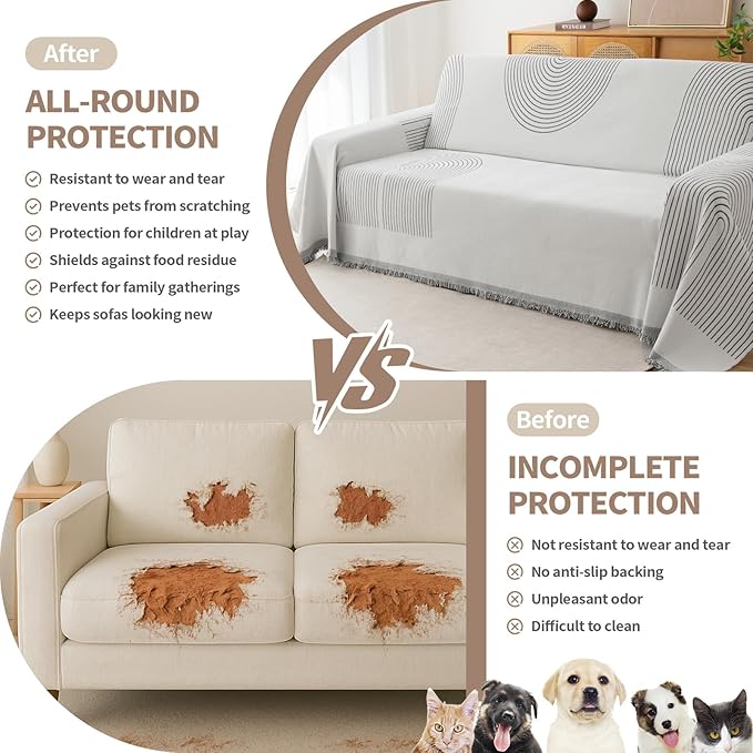 Couch Cover for Dogs, Boho Sofa Covers for 3 Cushion Couch, Chenille Sofa Slipcover for Pets Washable, L-Shape Sectional Couch Loveseat Cover Soft Throw Blankets with Tassels(71x134,Arc Grey)