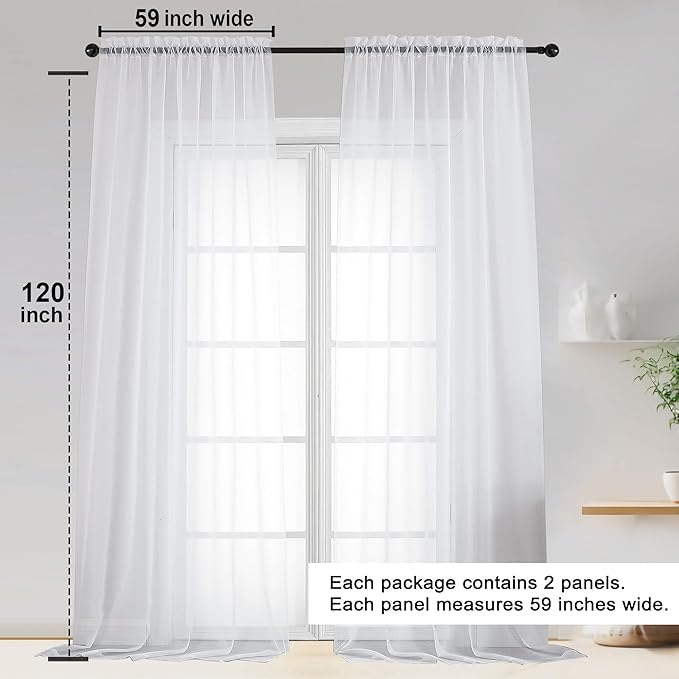 OWENIE White Sheer Curtains 120 Inches Long 2 Panels Set, Airy Lightweight Sheer White Curtains for Living Room Bedroom, Farmhouse Voile Filmy Rod Pocket Curtain Drapes, 2 Pcs, Each 59" Wx120 L Inch