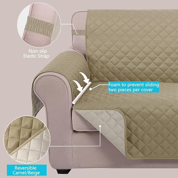 U-NICE HOME Recliner Chair Covers Reversible Chair Cover for Dogs with Elastic Straps Water Resistant Diamond Quilted (23''Armchair, Light Camel/Beige)