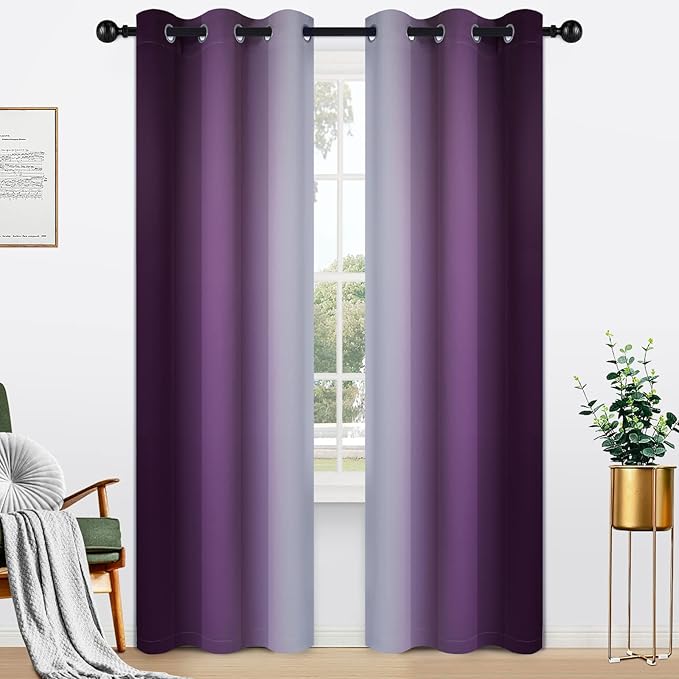 Yakamok Light Blocking Ombre Curtains, Greyish White and Purple Gradient Color Curtains, Room Darkening Grommet Window Drapes for Bedroom(Purple, 42x84 Inch, 2 Panels)