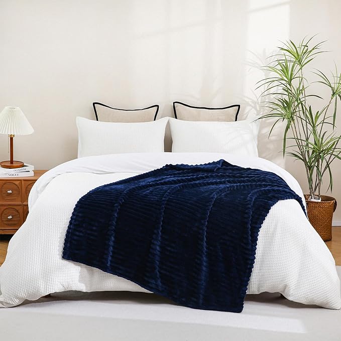Navy Blue Fleece Throw Blanket 60”×80” for Couch Sofa Bed,Super Soft Cozy Plush Microfiber Flannel Blanket with Stripes Design Lightweight for Adults,Woman,Girls