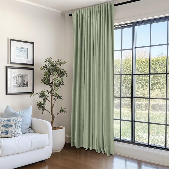 100% Blackout Shield Linen Blackout Curtains for Bedroom 96 Inches Long, Back Tab/Rod Pocket Living Room Drapes, Thermal Insulated Blackout Curtains 1 Panel Set, 100" W x 96" L, Sage
