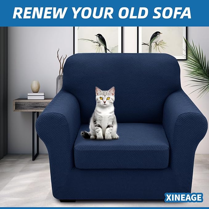 XINEAGE 2026 New 2 Pieces Chair Covers with Arms Super Stretch Chair Slipcover for Living Room Pet Dog Universal Slip Cover Anti Slip Armchair Furniture Protector (Navy Blue), 31"-46"(1 Cushion)